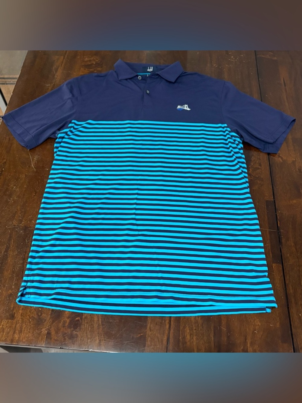Dunhill Links Navy Blue Striped Golf Polo Shirt Swilcan Bridge Logo Men’s Size M